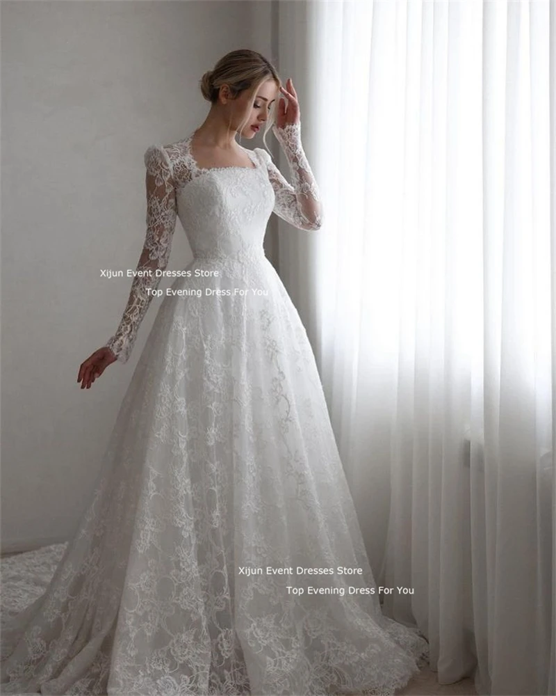 Xijun Modest Long Sleeves Full Lace Wedding Dresses Square Neck Sweep Train Bridal Gowns Vestido de noiva Dubai Arabic Women