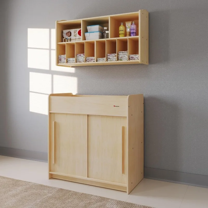 HOME.SafeGlide Fasciatoio per asilo nido, Costruzione in legno resistente, Scaffalature integrate per ampio spazio di archiviazione, Porte scorrevoli