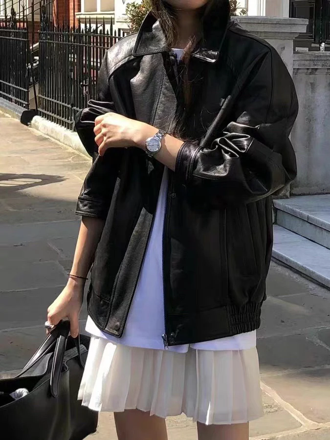 جاكيت نسائي أنيق من الجلد الصناعي بتصميم عصري، ياقة وسحاب، فضفاض ومتعدد الاستخدامات، بأسلوب الدراجات النارية العصري #2