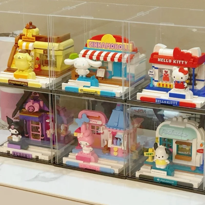 Keeppley sanrio blocos de construção original kuromi melodia gemini dos desenhos animados vista rua decoração modelo brinquedos das crianças presente da menina