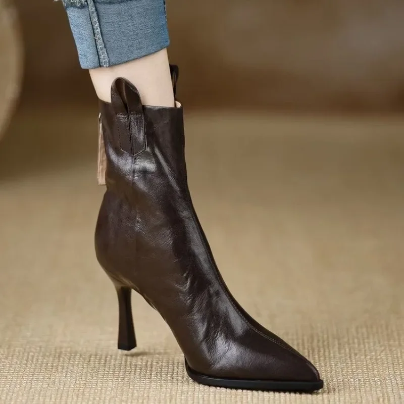 

Новый стиль, модные женские короткие кожаные ботинки на высоком каблуке, женские ботинки на тонком каблуке с острым носком, женские короткие ботильоны Zapatos Mujer