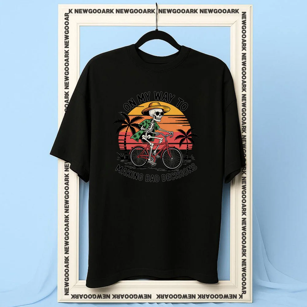 On My Way to Making Bad Decisions Funny Skeleton Biker Retro Sunset t-shirt woman man Casual cotton printed t shirts summer