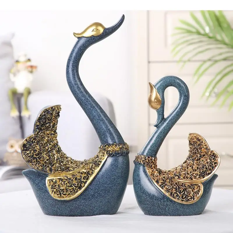 European Style A Pair Couples Swan Flowers Resin Crafts Desktop Ornaments Room Layout Gift Wedding Party Display Home Decoration