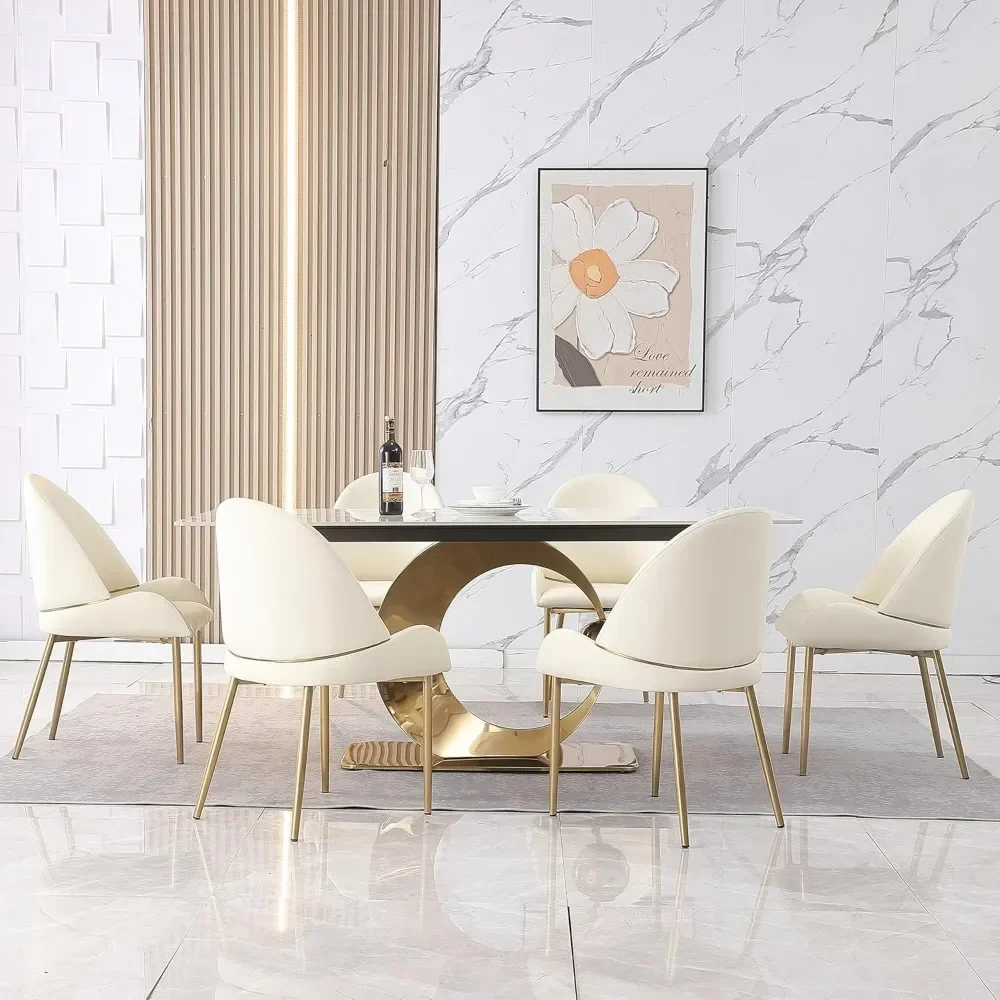 7 Piece Dining Room Set,71“ Sintered Stone Dining Table Set for 6,Modern Kitchen Table and Chairs Set,White Marble Dining Table