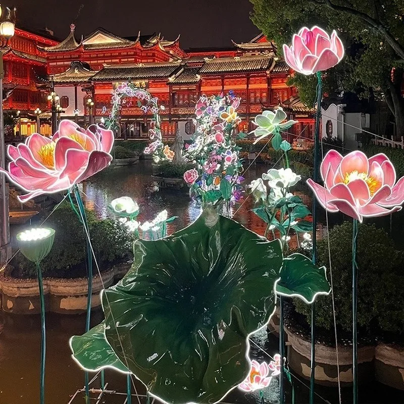 Luminous paper art flowers with lights, huge foam outdoor waterproof scenic spots, amusement park scene decorative props