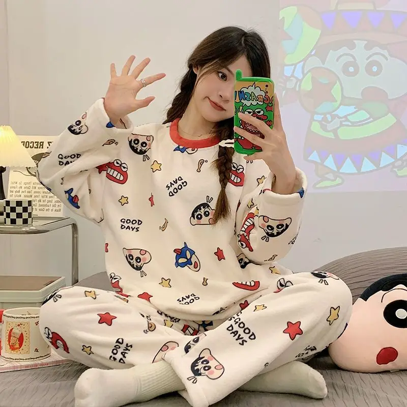 Cartoon Crayon Shin Chan Plush Pajama Girl Flannel Round Neck Casual Home Clothes Suit Set Ins Cute Women Sleepwear 2 Piece Set