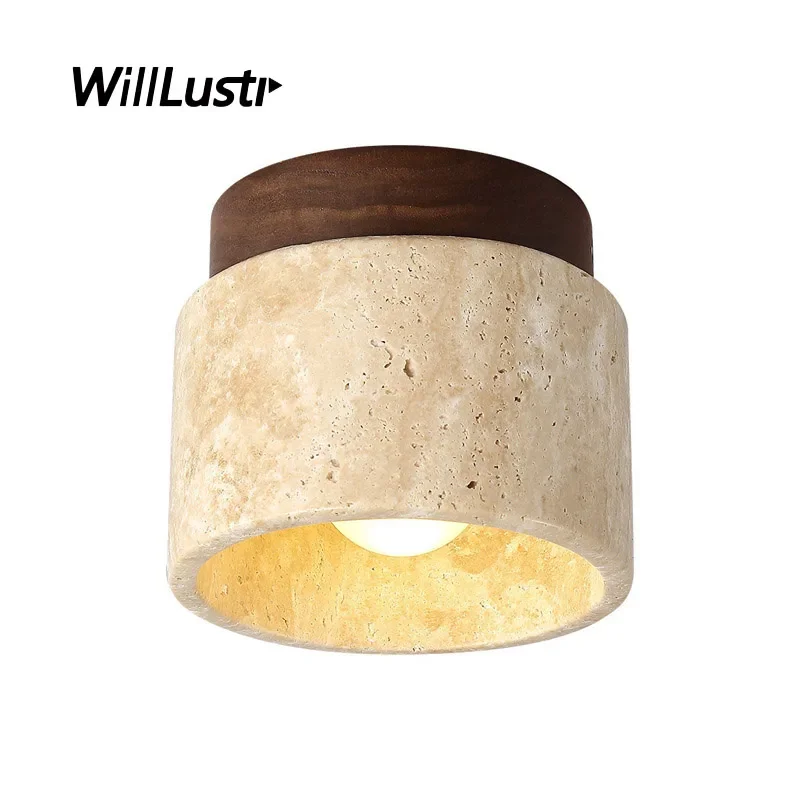 

Creative Yellow Travertine Ceiling Lamp Japan Style Solid Wood Canopy Hotel Cafe Bar Porch Balcony Hallway Vintage Stone Light