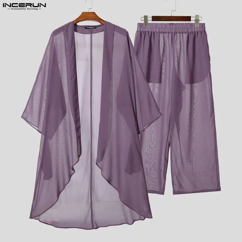 

INCERUN Men Sets Chiffon Solid See Through Open Stitch Long Style Shirt & Pants 2PCS Streetwear Loose Fashion Men's Casual Suits