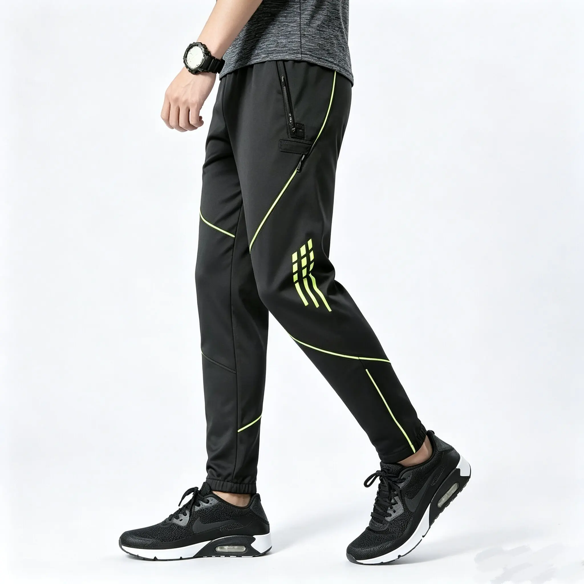 Summer Versatile Casual Sports Straight Pants Men Printed Stripe Elastic Waist Drawstring Pocket Ventilate Thin Loose Trousers