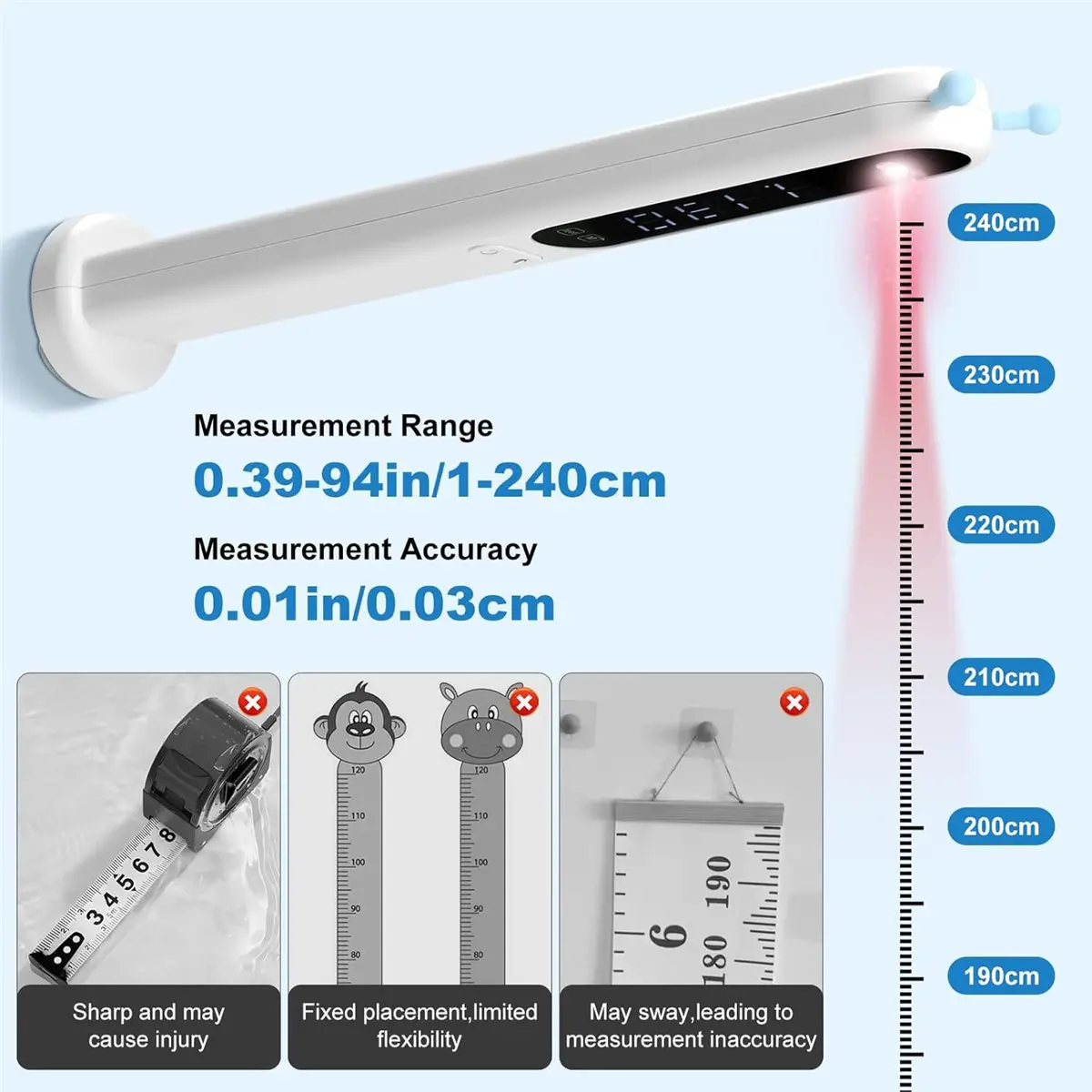 【a43i】子供と大人向けのポータブル身長測定器、3秒で素早く測定可能（240cm-945インチ）、ハンドヘルドでコードレス