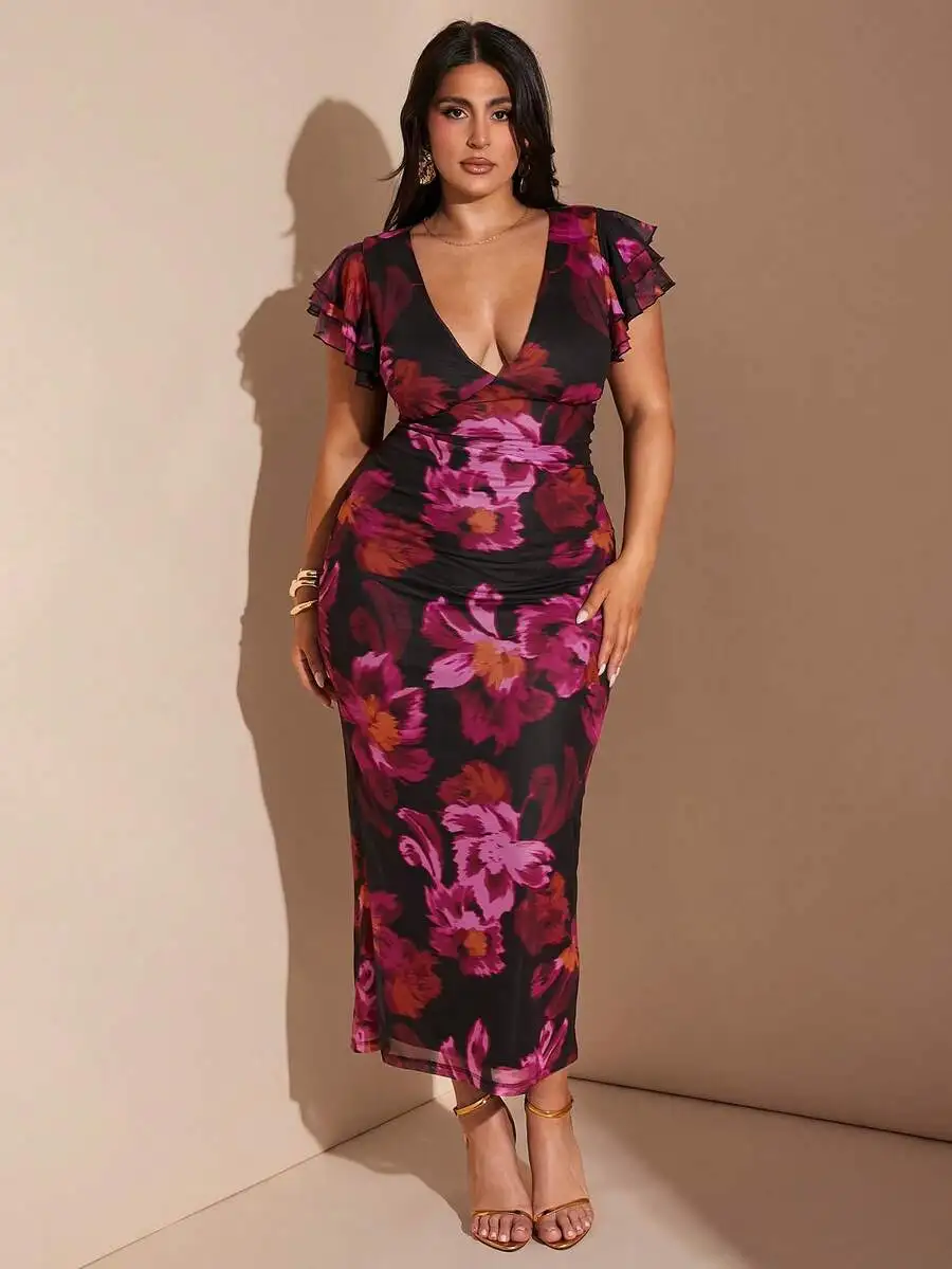 

Платье-миди с цветочным принтом, V-образным вырезом и рукавами с рюшами, больших размеров