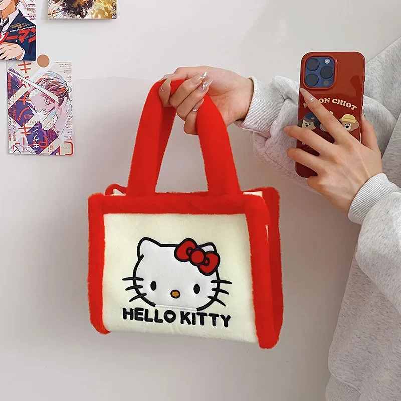 Sanrio bolsa de pelúcia figura dos desenhos animados kawaii macio tote outono inverno múmia sacos moda armazenamento cosméticos presentes aniversário natal