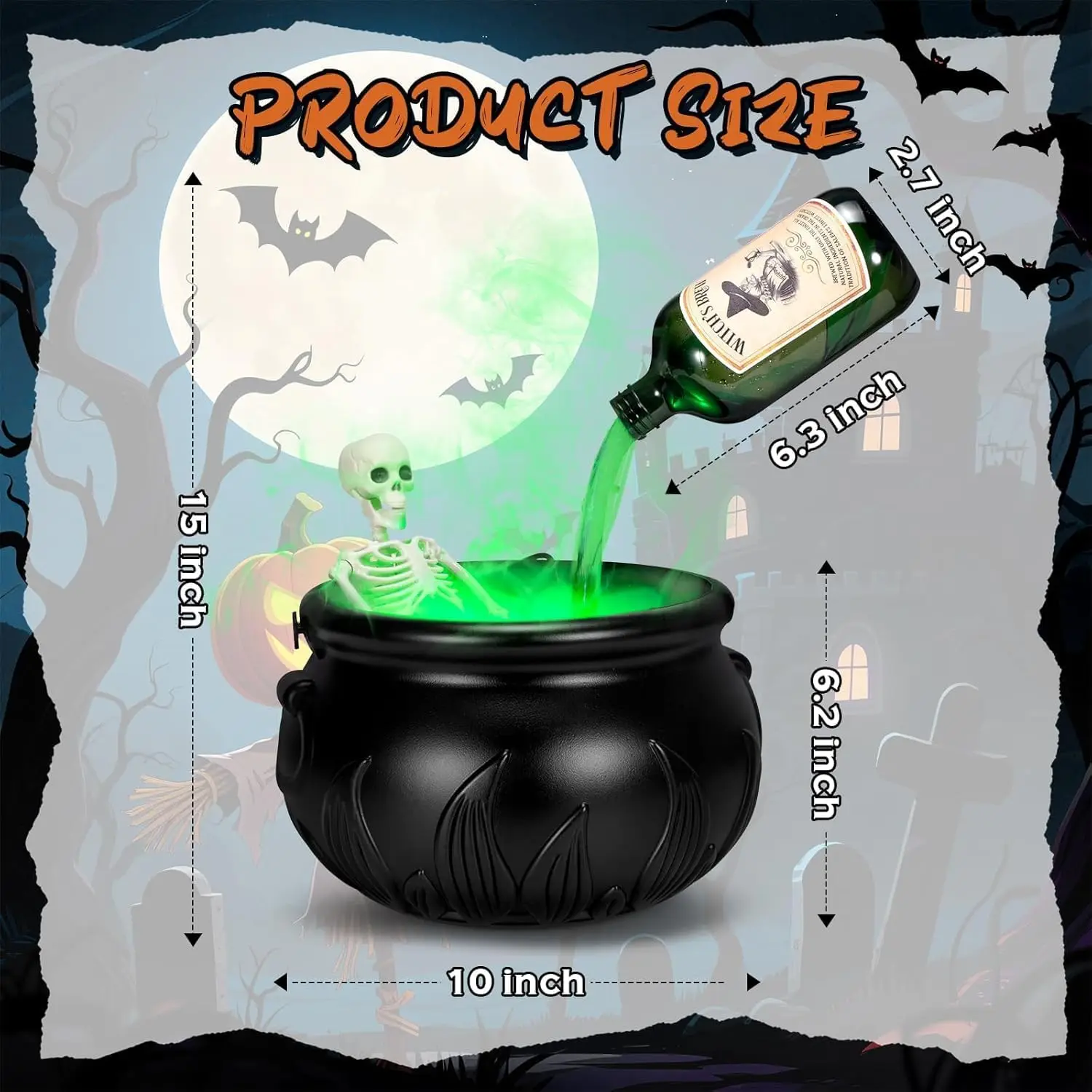 Halloween 13” Floating Potion Cauldron Set with Mist Maker – DIY Spooky Witch Cauldron Décor with 3 Colorant Bottles 4 Label