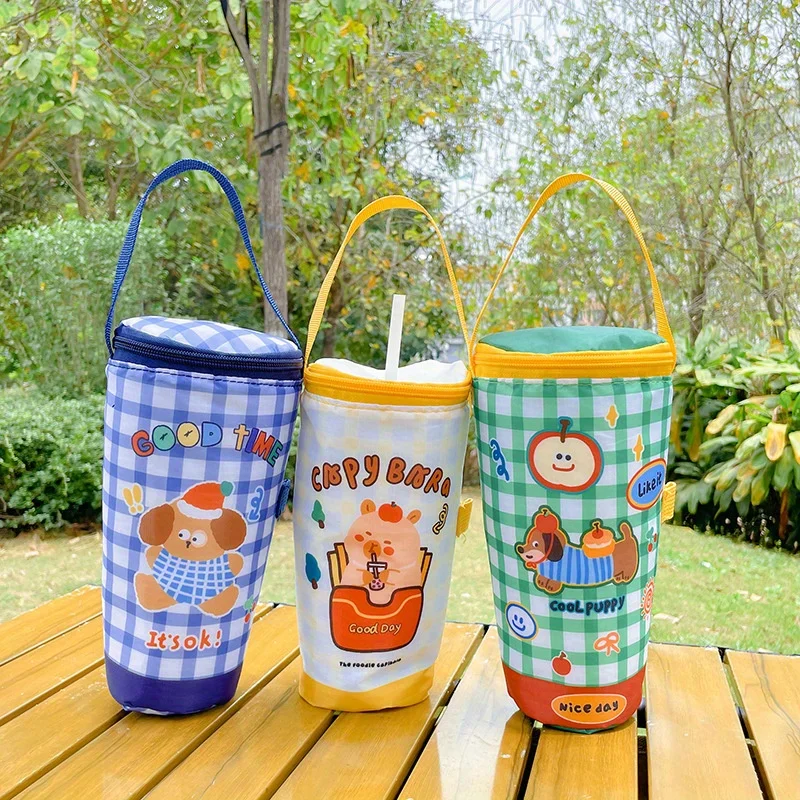 1 Cute Cartoon Insulated Cup Bag with Handle and Straw - Durable Nylon Travel Cup Bag, Leak-Proof Portable Beverage Cup Bag, Suitable for Coffee, Tea, Smoothies - Stylish Design, for Commuting, Office, and Outdoor Use