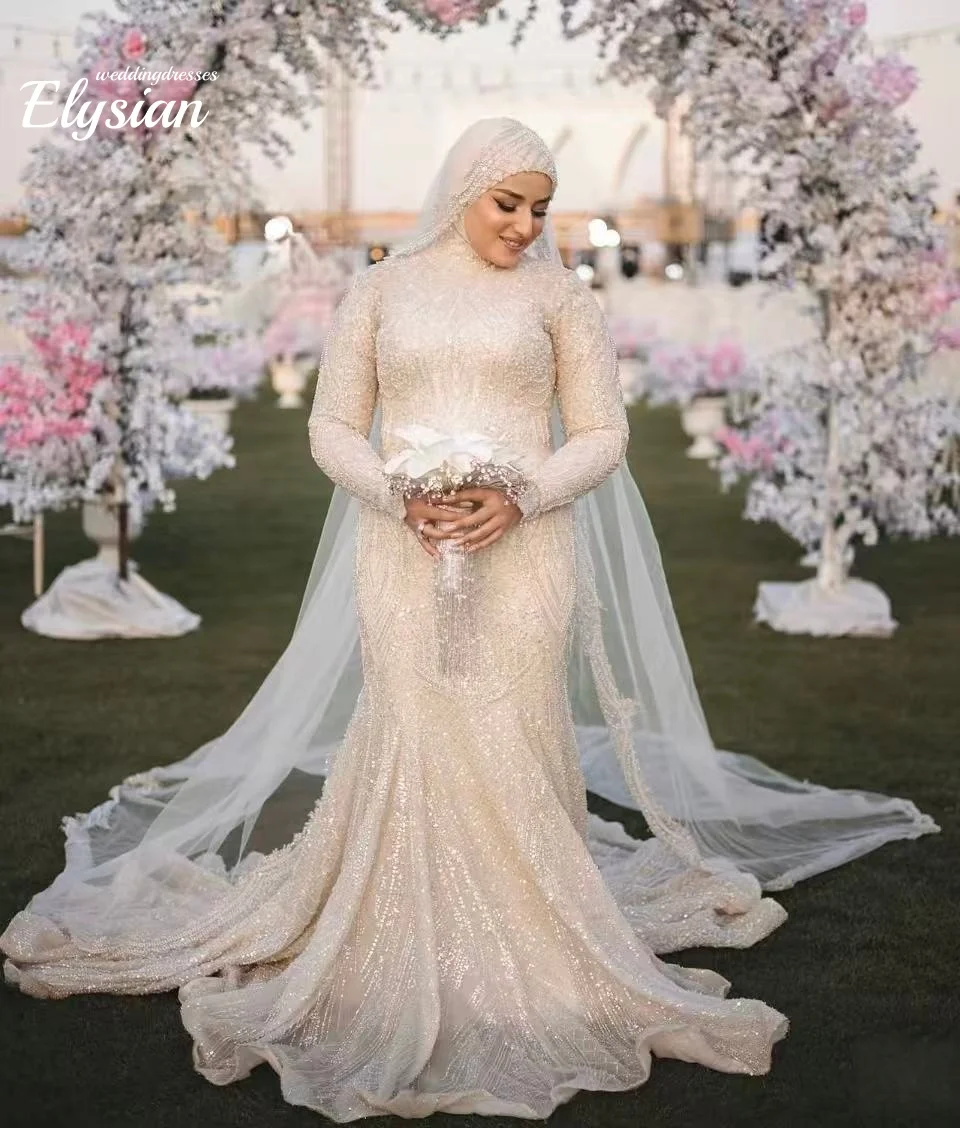 Robe de soirée arabe personnalisée, col haut, manches longues, paillettes, grande taille, style sirène, robes de bal de mariage