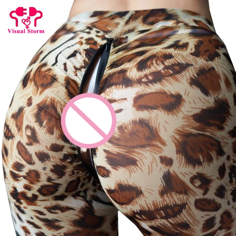 Leggings aperti da donna con motivo leopardato facile da esterno i dati utilizzano pantaloni caldi senza cavallo con cerniera invisibile a vita alta