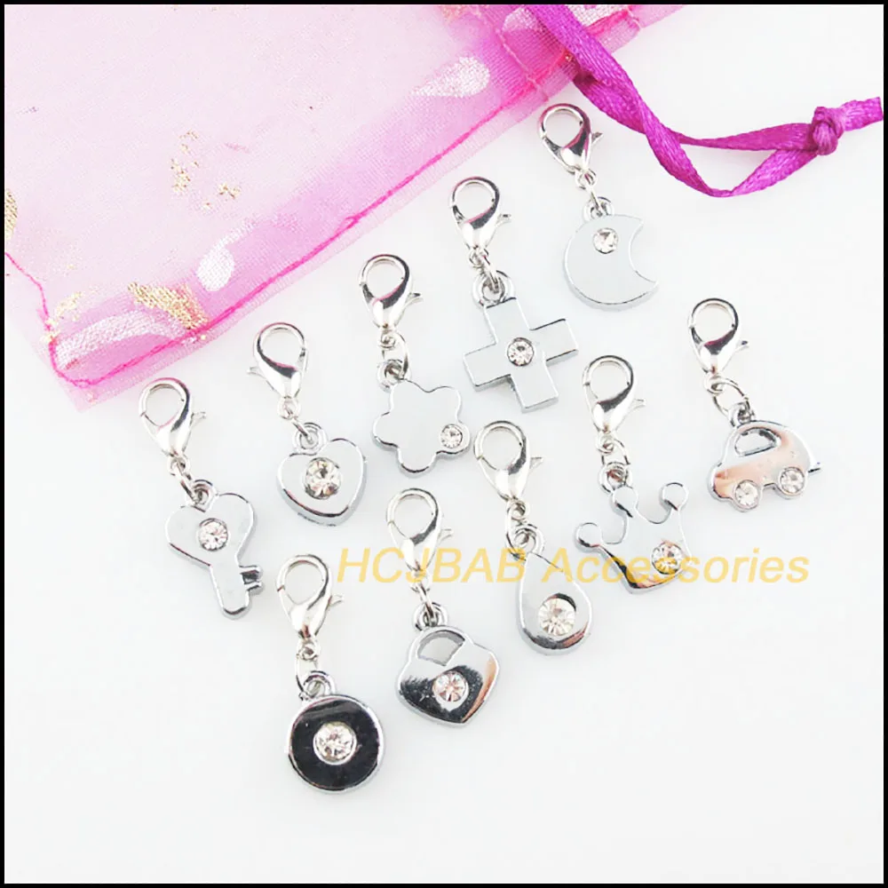 10Pcs Retro Tibetan Silver Plated Heart Cross Star Crown Teardrop Moon Charms Pendants With Lobster Claw Clasps