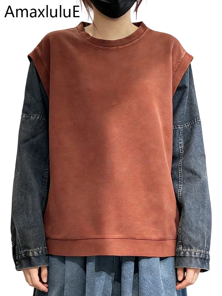 

Amax LuluE Korean 2026 Spring Patchwork Denim Hoodies Womens Classic Vintage Fitness Clothes Ladies Fashion Casual Sweatshirts