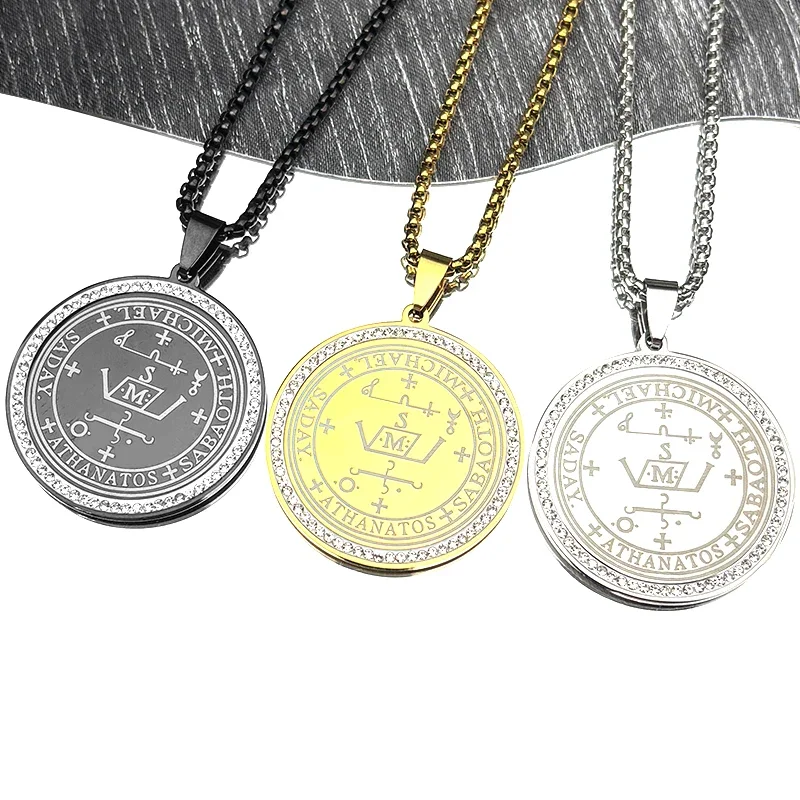 

Archangel MICHAEL Seal Talisman Sigil of Angelic Pendant Necklace Stainless Steel Gold Color Rhinestones Chain Jewelry Gift