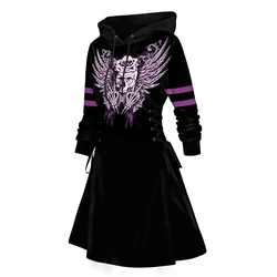 Halloween Lace Up Hoodie Dress Skull Skeleton Hand Rose Wing Stripe Print Drawstring Dress With Hooded Vestido Feminino