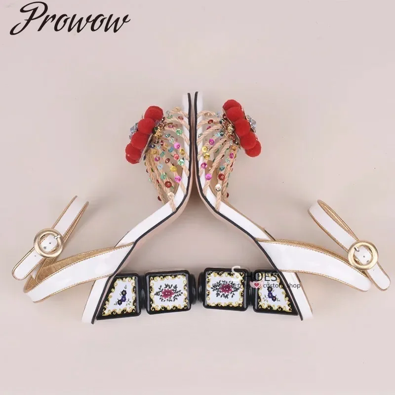 

Rhinestone High Heeled Sandals Bohemian Beautiful Banquet Printed Floral High Heels Summer Sandals Woman Sandalias De Mujer