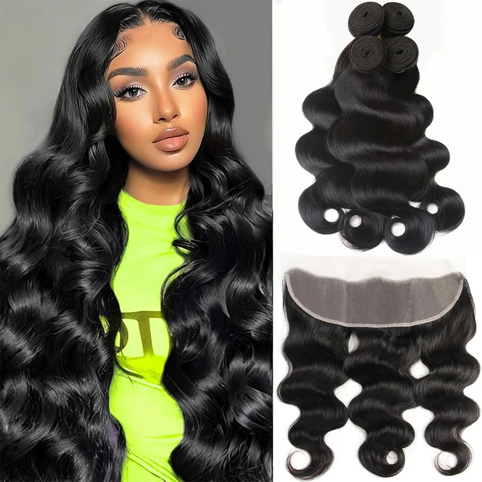 

Индийские пучки объемной волны с кружевной застежкой 13x4, настоящие человеческие волосы с 2/3 пучками, плетение девственных волос, натуральный черный цвет