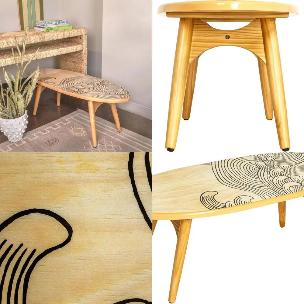 

Ocean-Inspired Surfboard Coffee Table with Natural Wood Grain and Wave Pattern