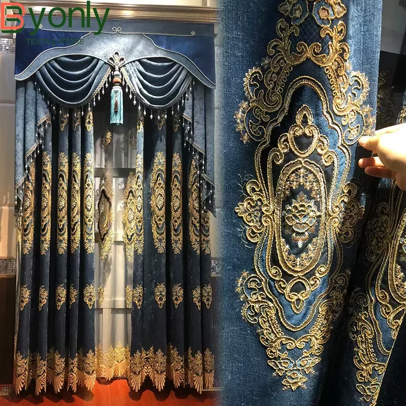 

New Blue High-grade Embroidered Window Screen Hollow Chenille Curtains for Living Room Bedroom French Window Balcony Window