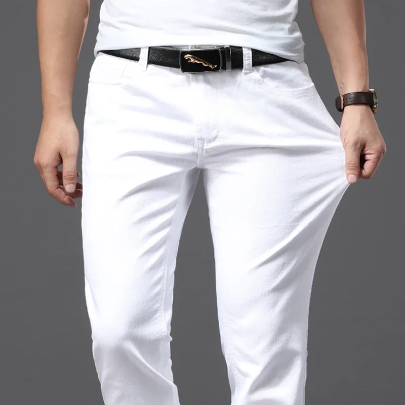 White Jeans Men Fashion Casual Straight Pants Classic Style Slim Trousers Male Brand Clothing Stretch Denim Trousers