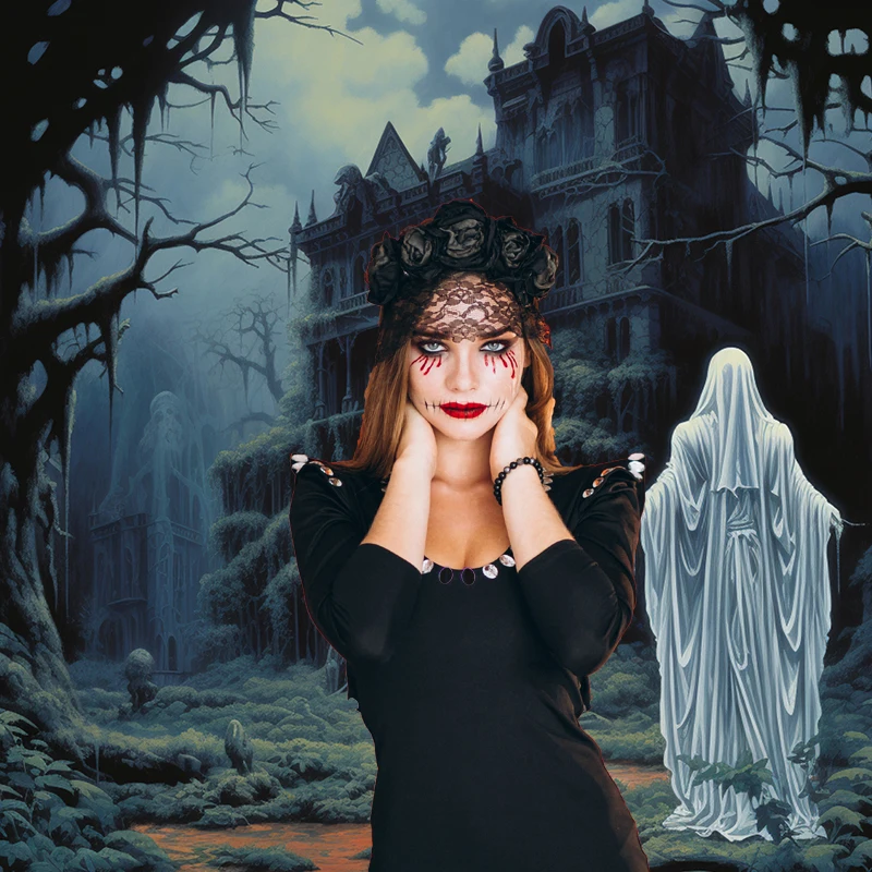 Beenle Halloween Backdrop for Horror Night Moon Scary Cemetery Witch Castle Pumpkin Family Party Portrait Photography Background