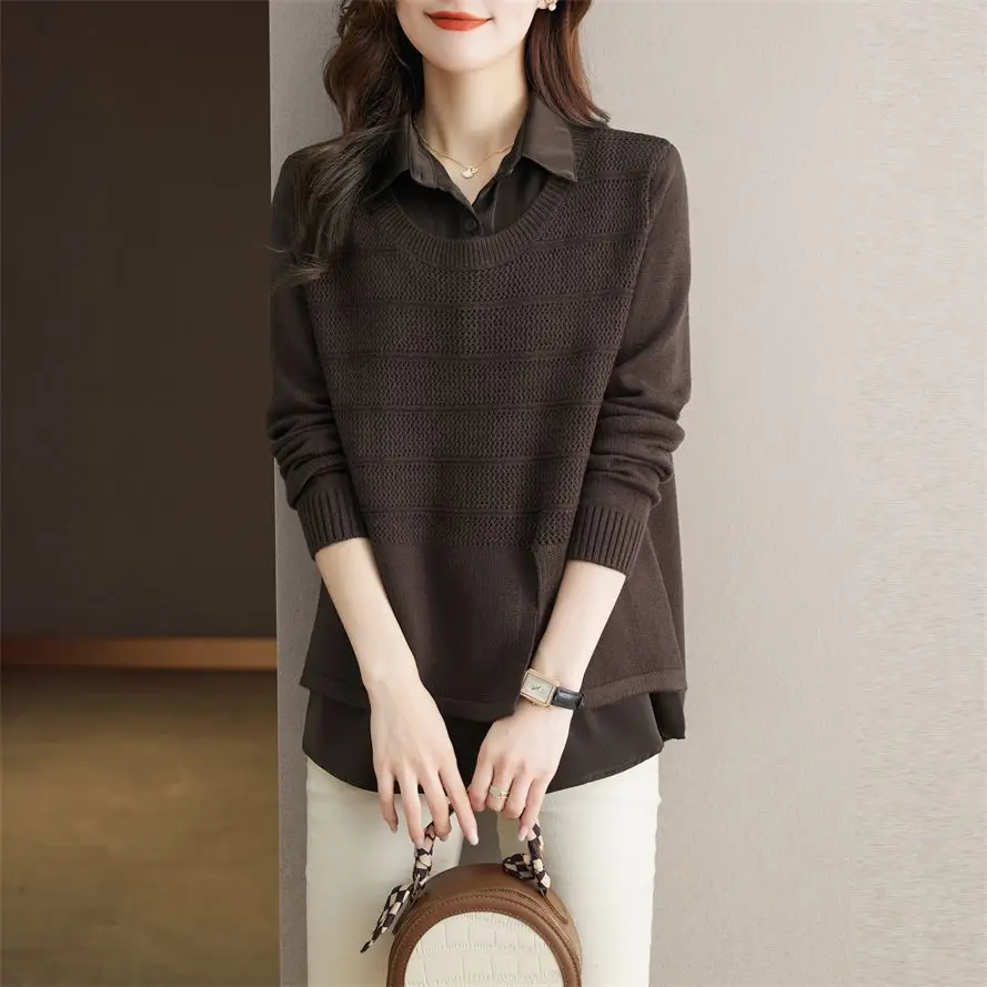 Fake Two-piece Spliced Knitted Shirt for Women 2024 Spring Autumn New Chic Casual Top Design Sense Niche Long Sleeved Shirt