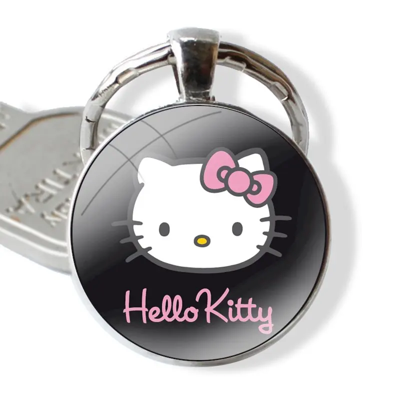 Cute Hello Kitty Keychain Handmade Glass Cabochon Key Ring Holder Pendant Key Chains