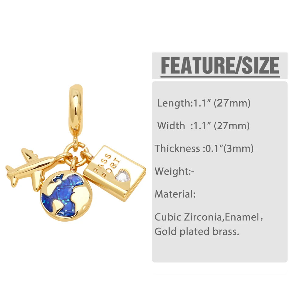 OCESRIO Trendy Airplane Travel the Earth Pendant for Necklace Copper Gold Plated Tourism Tour Jewelry Making Supplies pdtb416