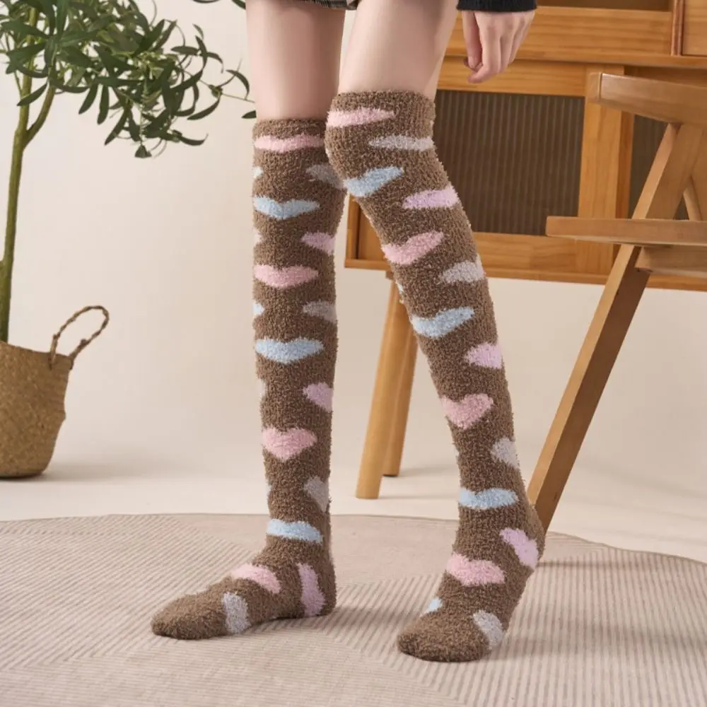 

Thicken Warm Coral Fleece Stockings Heart Above Knee High Floor Plush Stockings Sweet Sleeping Long Tube Socks Winter