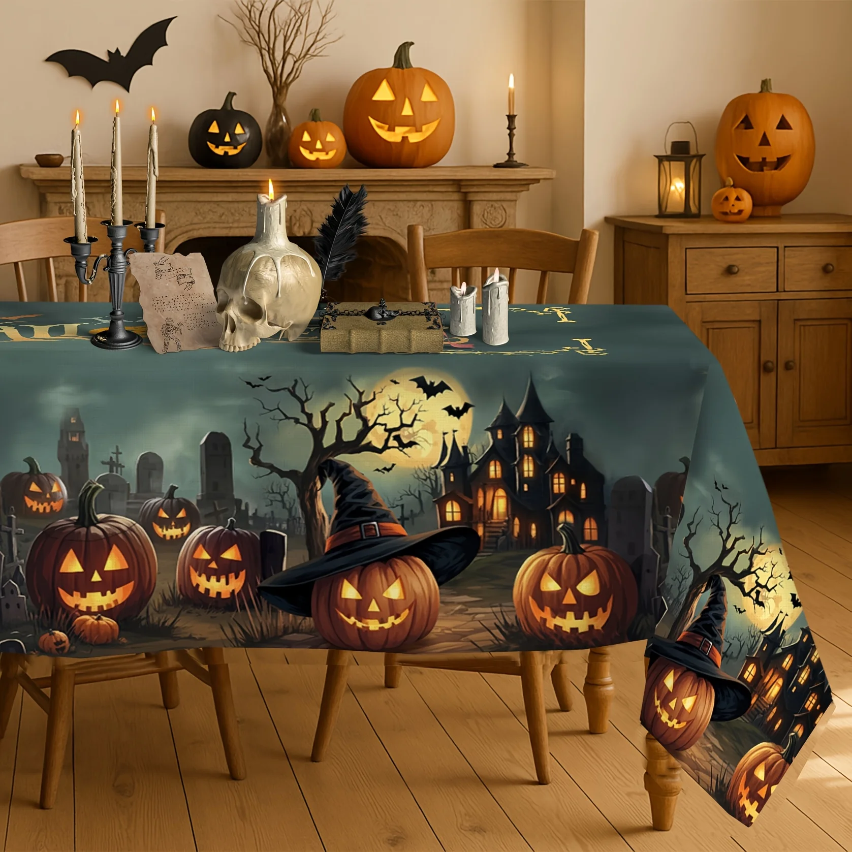 Halloween tablecloth - Gothic pumpkin castle tombstone, bats - Durable polyester party decoration
