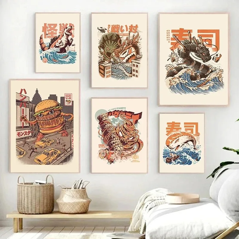 Japanese Kaijus Food Sushi Ramen Burgerzilla Posters Canvas Painting Vintage Funny Wall Art for Kitchen Room Home Decoration