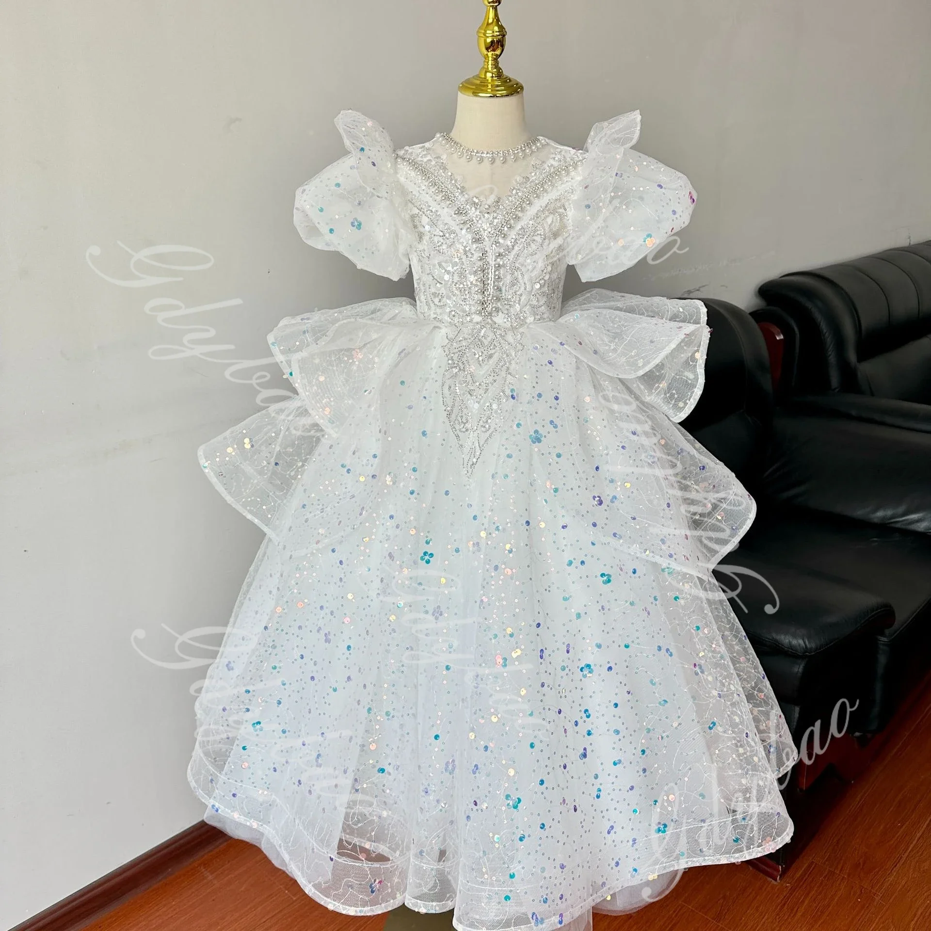 Customized Flower Girl Dress for Wedding Layered Sequin Tulle Pageant Dress Kids Sky Blue Puff Sleeve Birthday Party Ball Gown