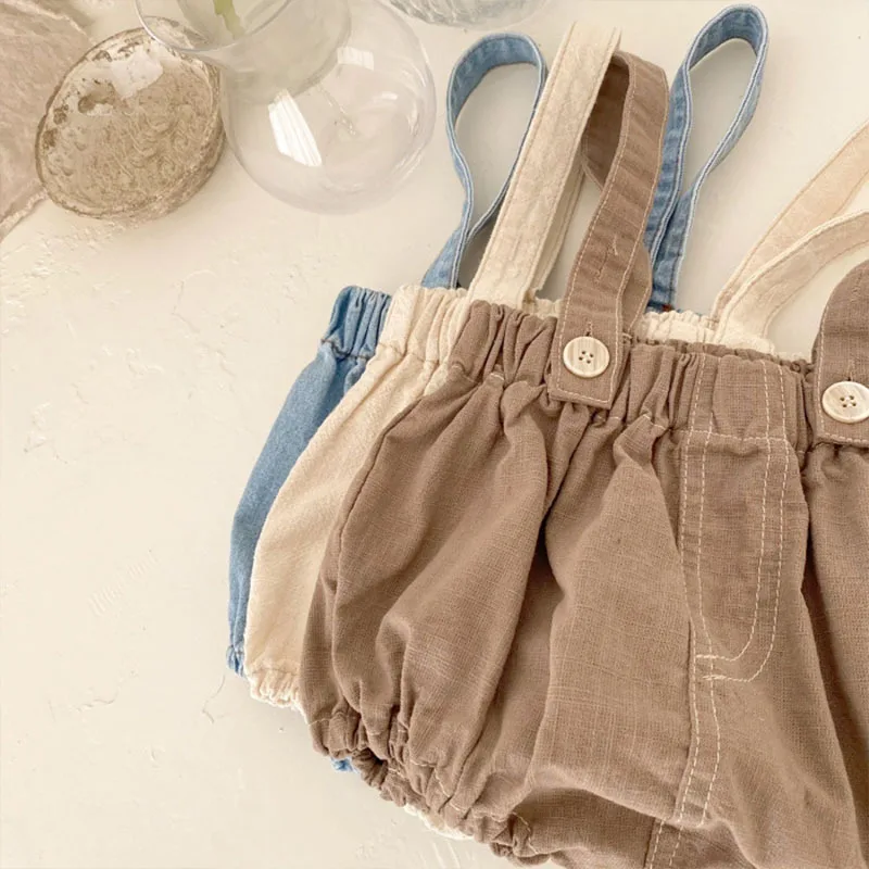 0-3y Infant Denim Overalls Boys Simple Solid Loose Sleeveless Bodysuit Baby Girl Clothes Kids Fashion Onesie Bibbed Shorts