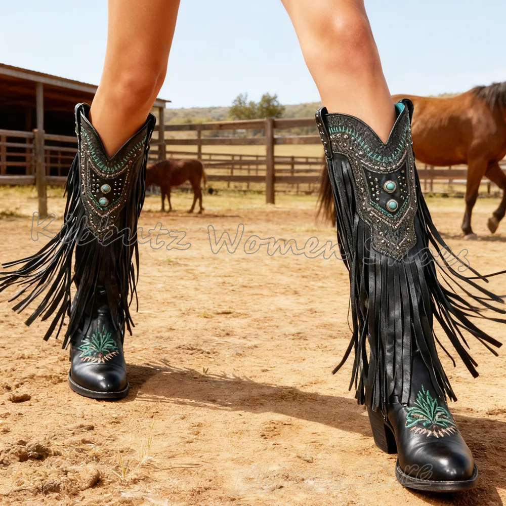 

Сапоги до колена, ковбойские винтажные кожаные слипоны с бахромой, разноцветные, модные, элегантные, лаконичные, сексуальные, элегантные, пряные туфли для девочек, новинка на каблуке