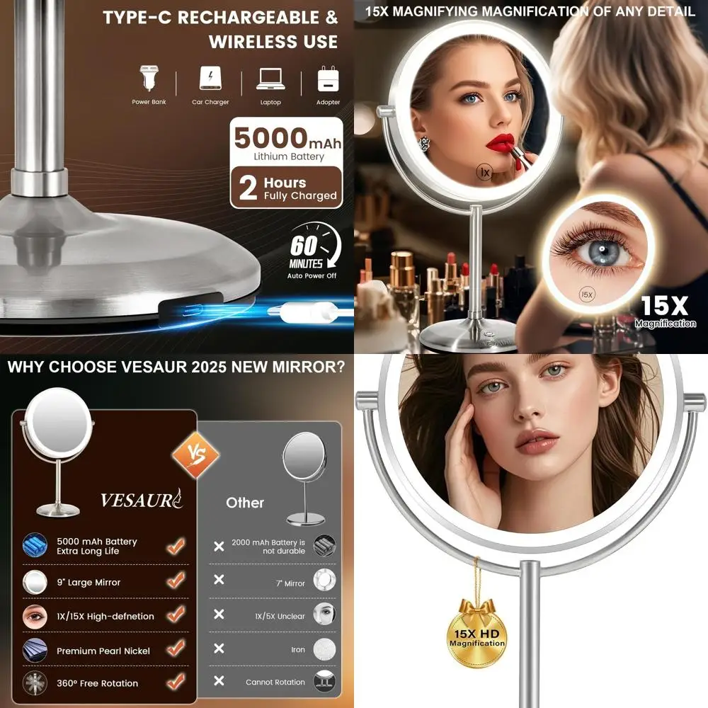 9 Miroir de maquillage éclairé par LED double face avec batterie 5000 mAh, 360 °   Rotation pour voyage, finition nickel perlé