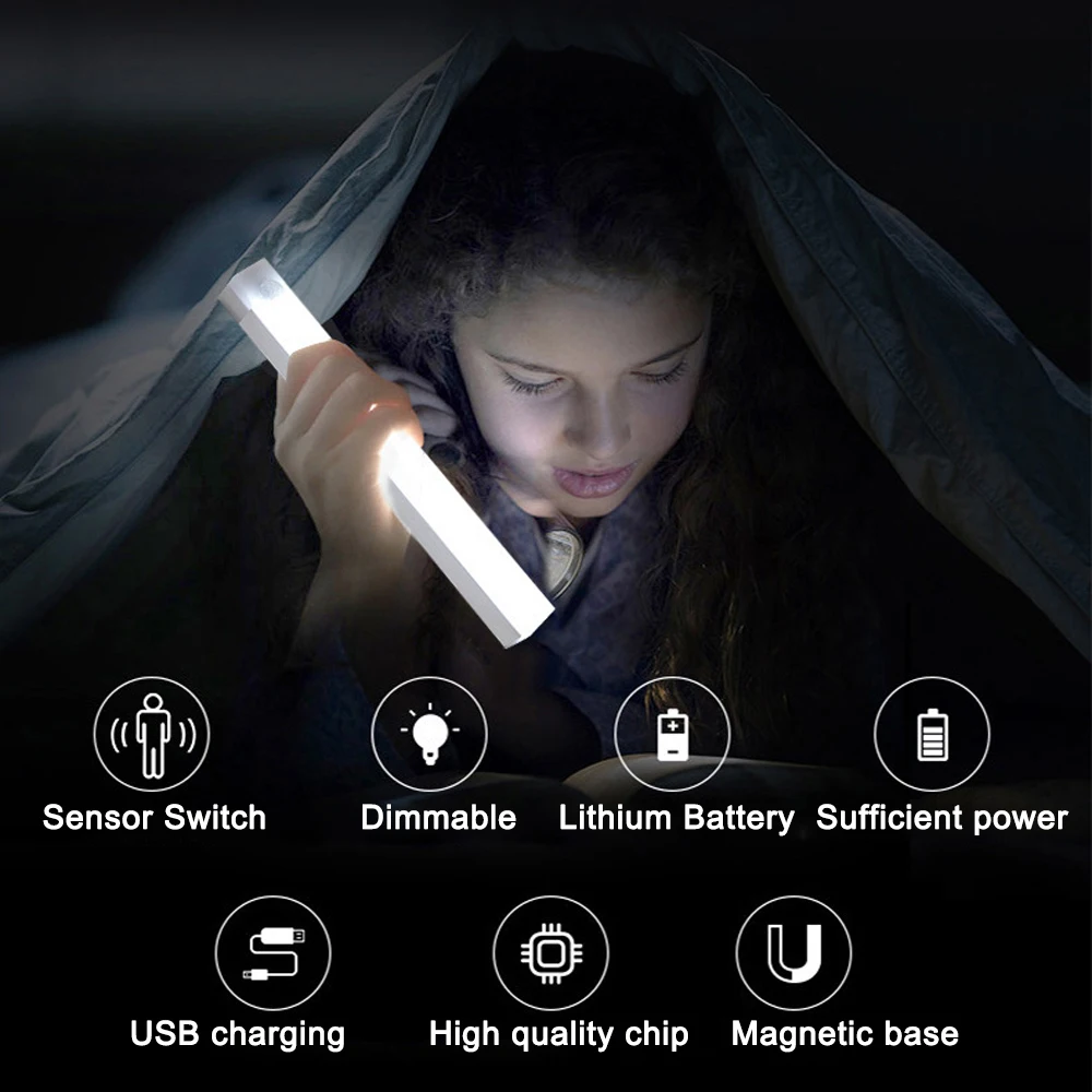 Long Motion Sensing Night Light Cabinet Kitchen Closet 3 Modes Bookcase Bedside Clothes Rechargeable Portable Lamp