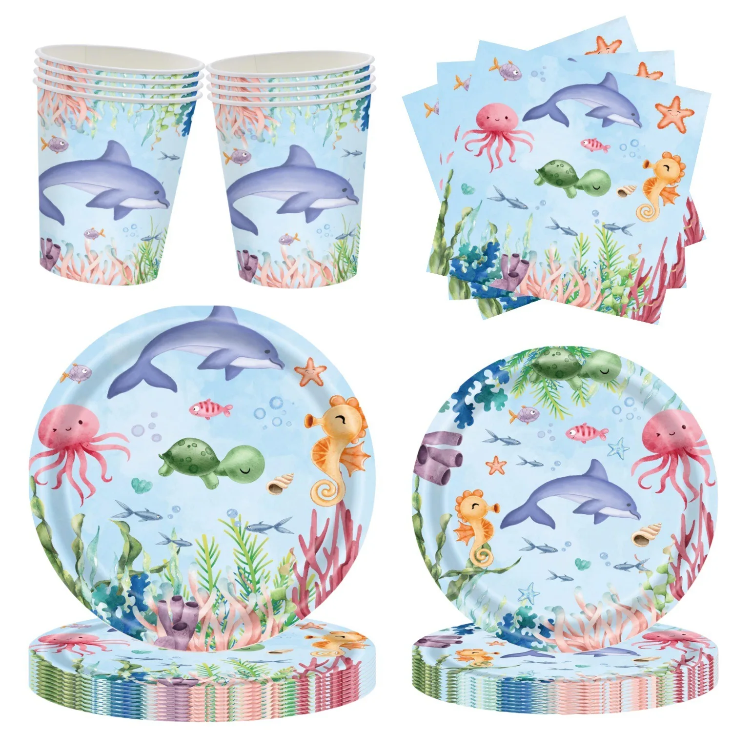 8Guests Blue Ocean Animals Disposable Tableware Cartoon Whale Turtle Jellyfish Plates Napkin Under the Sea Birthday Babyshower