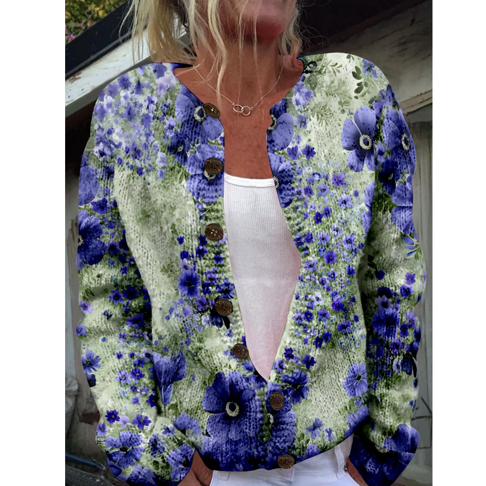 

Осень-зима вязаный кардиган с цветочным принтом, повседневный свитер, уличная одежда, женские свитера, вязаный топ, крутые джемперы, модные