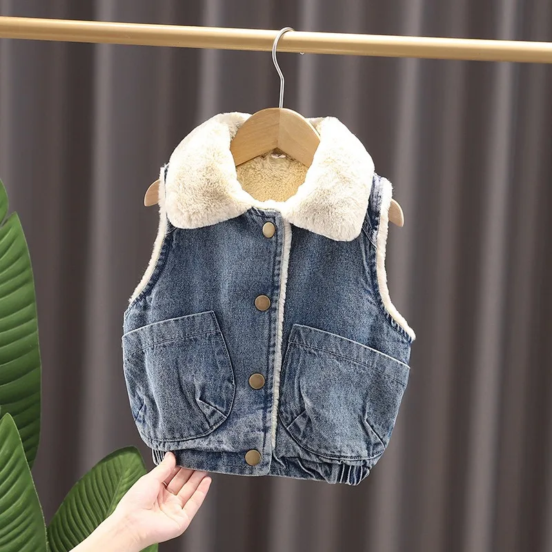Winter Children Girls Fleece Denim Waistcoat 1-6Y Kids Girl Bear Patch Sleeveless Jacket Turn Down Collar Infant Baby Girls Vest
