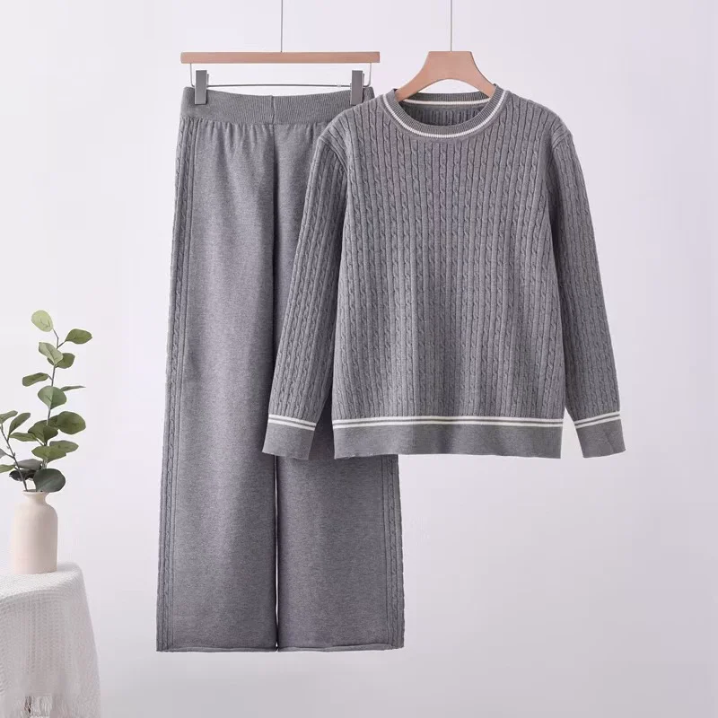 

Осенне-зимние вязаные комплекты из 2 предметов, женский свитер с круглым вырезом и длинными рукавами, пуловеры, топы Conjuntos, свободные прямые брюки с высокой талией, наряд