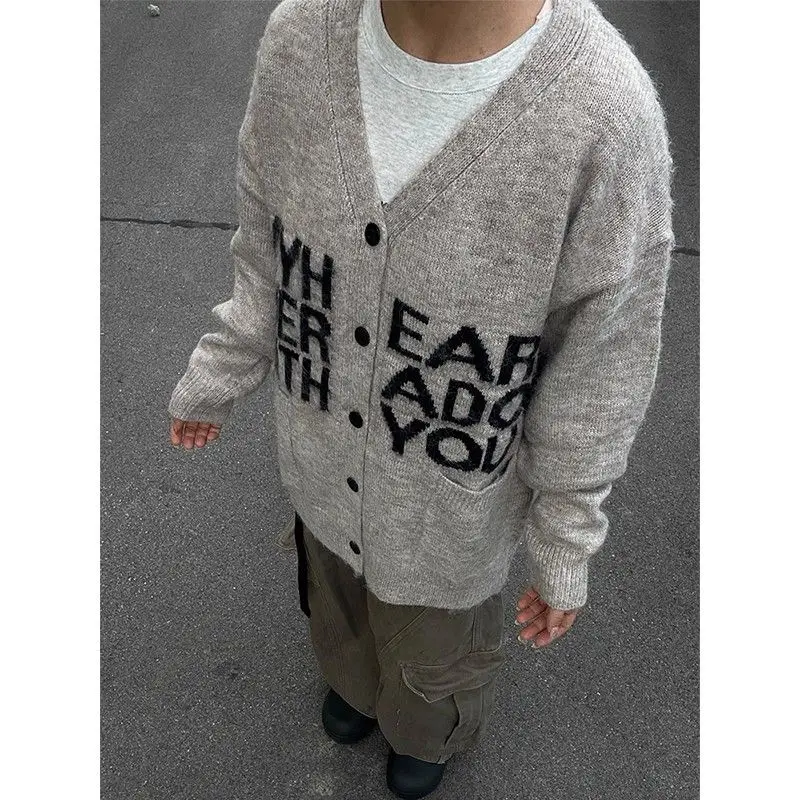 

Мягкий открытый кардиган с вышивкой букв V-Ne, свитер для мужчин и женщин, осенний вязаный американский элитный модный топ