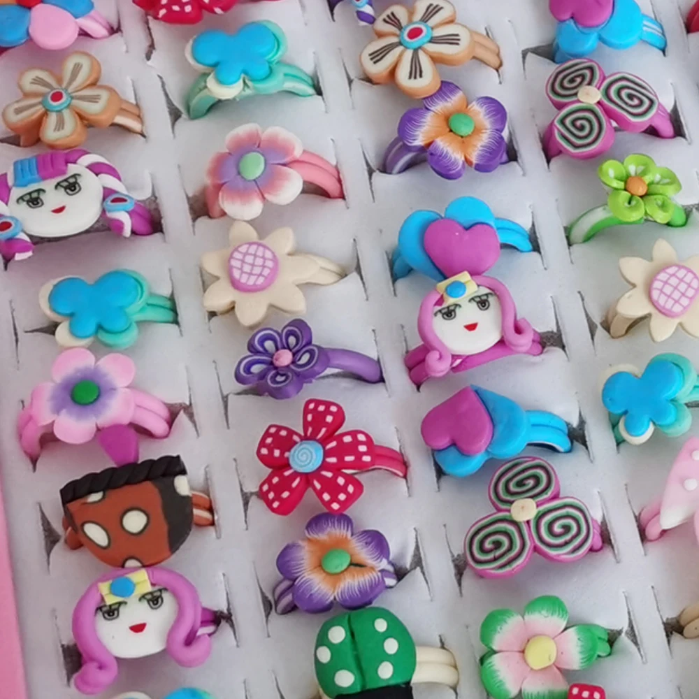 5/10/20pcs Cartoon Design Polymer Clay Flower Animal Kids Finger Rings Girls Favors Child Costume Birthday for Baby Party Gifts