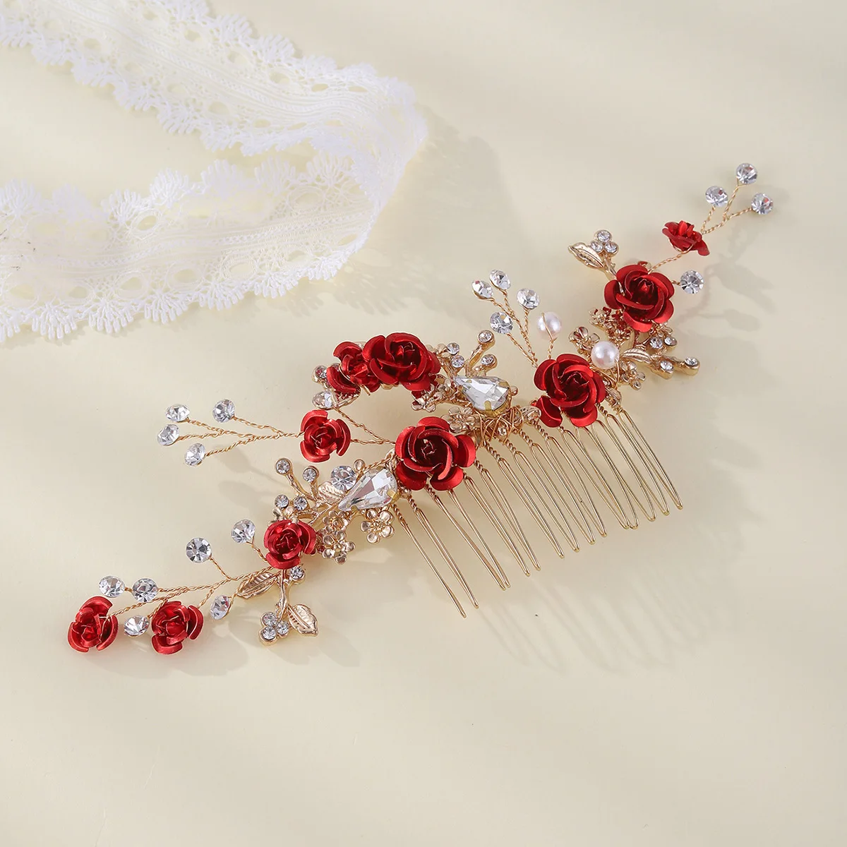 Wedding Hair Comb  Red Rose Hair Ornament Handmade Rhinestone Pearl  Headpiece Hair Wedding Accessories Bridesmaid Gifts