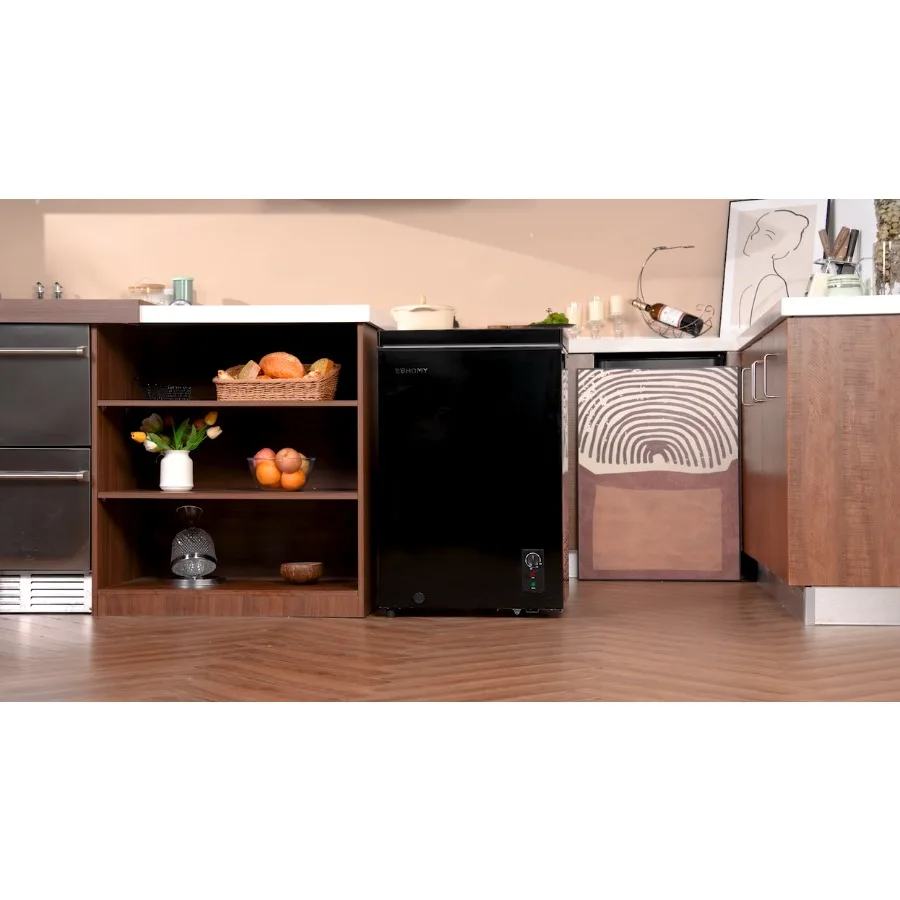 Chest Freezer with Wheels for Home Use, Black Steel, Smooth Top Door Design, Easy Mobility and Space-Saving Storage