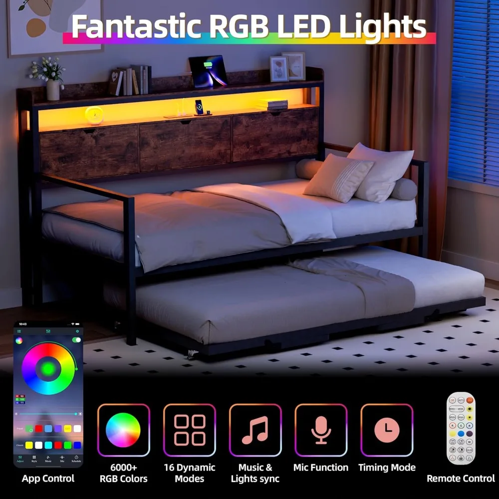 سرير نهاري مع دولاب، سرير مزدوج إلى كينج، سرير نهاري، إطار سرير معدني شديد التحمل مع لوح رأسي للتخزين ومحطة شحن #6